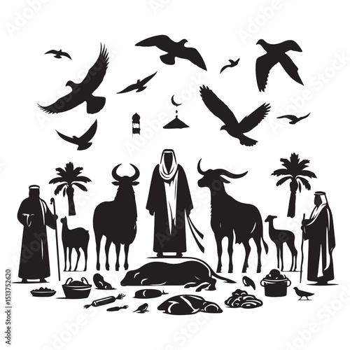 Eid al-Adha Celebration with Sacrificial Animals Vector Set