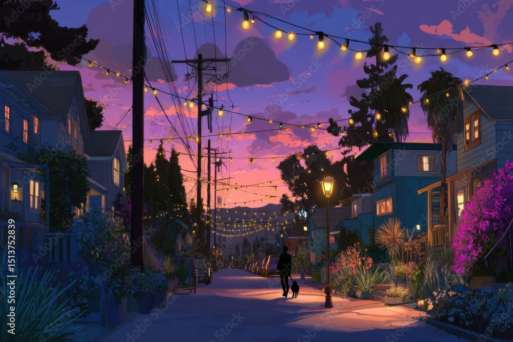 Naklejka premium Evening Stroll With Dog Under Cozy String Lights in a Peaceful Neighborhood at Twilight