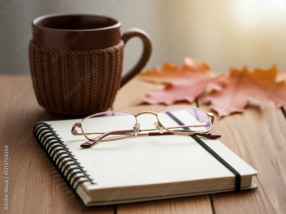 Autumn Composition with Notebook Mug and Glasses Autumn Composition with Notebook Mug and Glasses