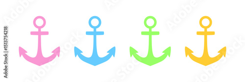Colorful anchor icons in pink, blue, green, and yellow – playful nautical vector for summer designs. Cute and vibrant anchor illustrations – simple cartoon-style icons in cheerful pastel colors