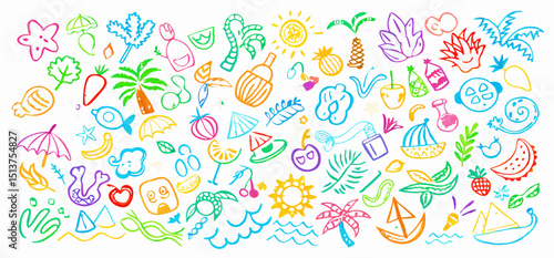 Kid summer beach crayon background. Doodle sea bg. Cute hand drawn sketch flower, sun, cloud, wave, palm, whale, beach umbrella, boat icon. Line crayon vector element. Summer kid color pencil drawing