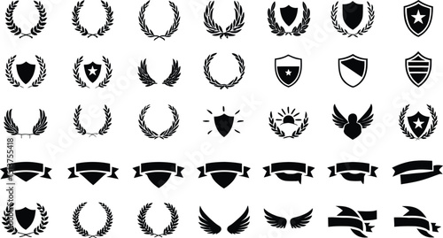 Collection of elegant vector badges and emblems featuring laurel wreaths shields and ribbons suitable for various design purposes