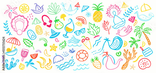 Kid summer beach crayon background. Doodle sea bg. Cute hand drawn sketch flower, sun, cloud, wave, palm, whale, beach umbrella, boat icon. Line crayon vector element. Summer kid color pencil drawing