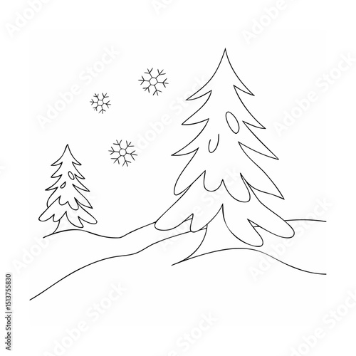 Simple winter landscape illustration featuring snowflakes pine trees and snow covered terrain