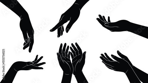 Elegant silhouette collection displaying hand gestures in various positions demonstrating interaction and communication against a simple white background illustration