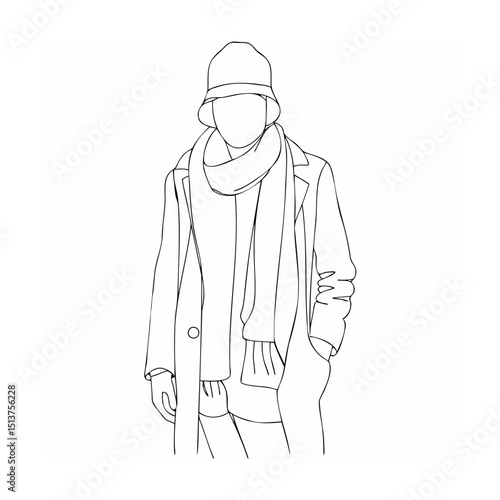 Stylish minimalist line art illustration of a person wearing winter fashion apparel