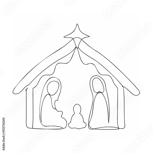 Simple line art depiction of the holy family in a stable for christmas celebrations