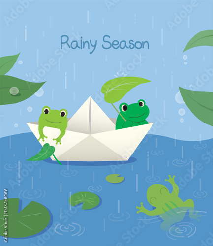 Vector illustration of a rainy season with a frog on a paper boat