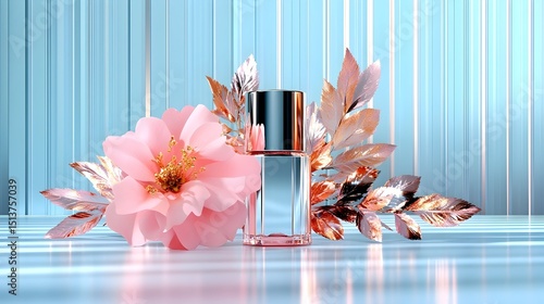 A square glass perfume bottle with a silver cap sits on a reflective surface, adorned by a pink flower and metallic gold leaves against a pale blue striped backdrop.  