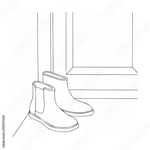 Line art illustration of a pair of chelsea boots near a doorway interior