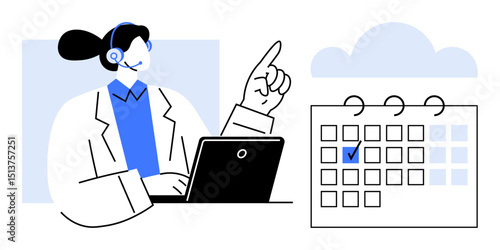 Female support agent with headset pointing at tasks, laptop open, calendar marked, cloud above. Ideal for scheduling, customer service, time management, planning, remote work software solutions