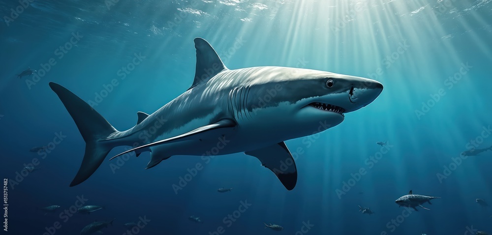 Obraz premium Great white swims deep blue ocean. Predator animal in action. Underwater sea wildlife. Stunning marine life, dangerous big fish in natural habitat. Marine life aquatic animal illustration.