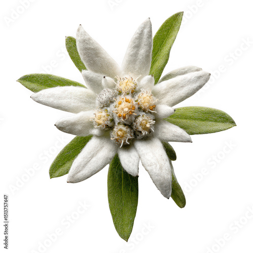 Close up of edelweiss flower with green leaves isolated on transparent background