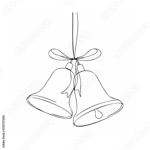Elegant black and white line art of two christmas bells with decorative ribbon