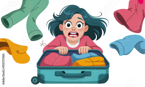 Vector illustration of a panicked woman trying to close an overfilled suitcase with clothes flying around. Funny cartoon concept of chaotic travel preparation or vacation stress.