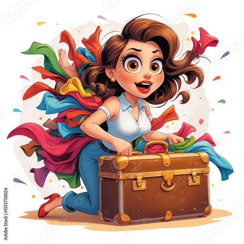 Funny vector illustration of a cartoon woman in panic, struggling with an overstuffed suitcase and flying clothes around her. Overwhelmed travel preparation concept, white background.