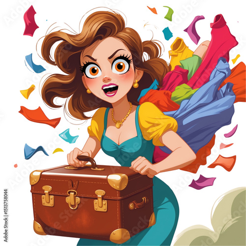 Funny vector illustration of a cartoon woman in panic, struggling with an overstuffed suitcase and flying clothes around her. Overwhelmed travel preparation concept, white background.