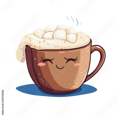 Vector illustration of cute coffee cups wrapped in scarves and whipped cream, marshmallows and cozy textures. Adorable kawaii winter drink characters, isolated on white.
