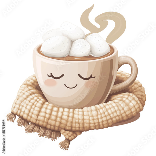 Vector illustration of cute coffee cups wrapped in scarves and whipped cream, marshmallows and cozy textures. Adorable kawaii winter drink characters, isolated on white.