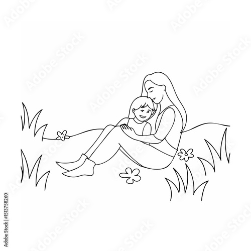 Mother and child cuddling on a grassy hillside in a simple black and white illustration