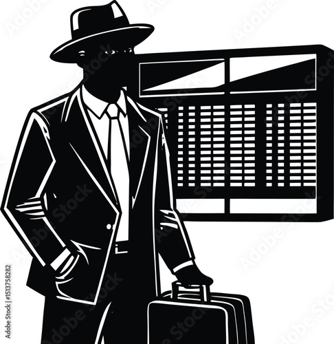 Stylish man in suit at airport departure board waiting for flight