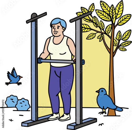 Plus size woman exercising outdoors on parallel bars healthy lifestyle