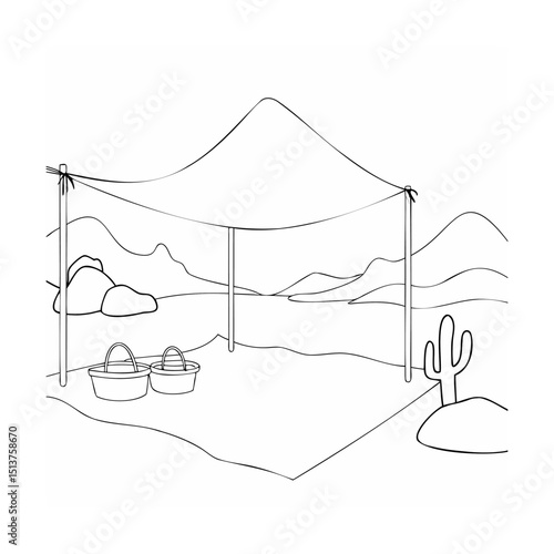 Desert picnic scene simple black and white outline illustrating outdoor food baskets and shade