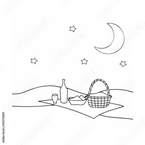 Picnic under the moon and stars simple black and white line art illustration