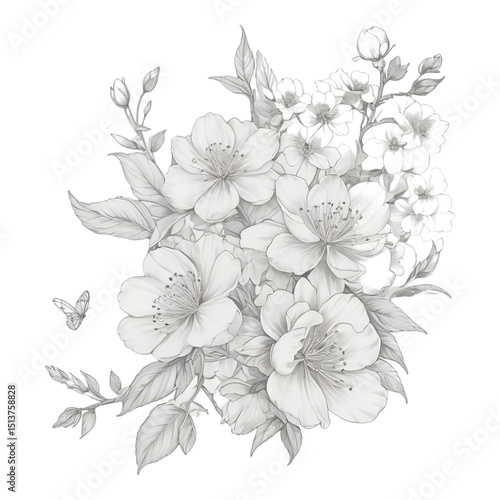 Wallpaper Mural Elegant black and white floral pattern with isolated blossoms and leaves, perfect for vintage nature-inspired designs Torontodigital.ca