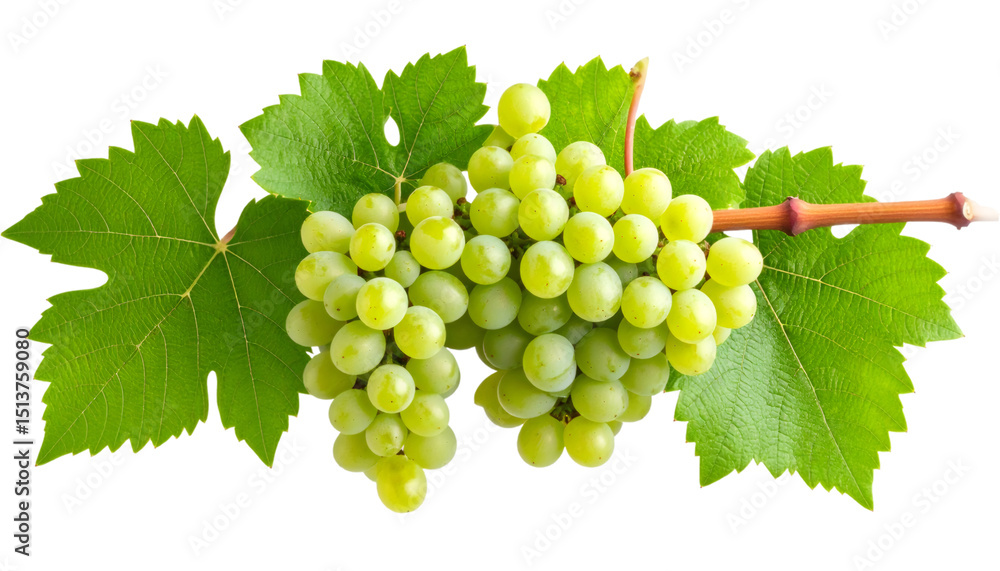 Obraz premium Green grapes clustered, dangling from vineyard stem, ripe and verdant against transparent backdrop