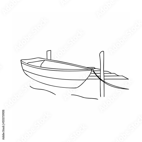 Simple line drawing of a small wooden boat tied to a dock in calm water