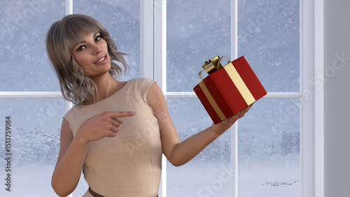 3d illustration of a woman wearing a beige dress pointing at a Christmas gift while smiling as snow falls outside.