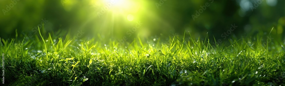 Obraz premium Sunlit meadow background with blurred greenery for mobile app interfaces, website headers, and sustainable product marketing materials. 