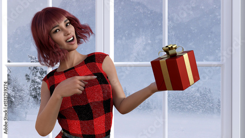 3d illustration of a woman pointing at a Christmas gift while smiling while snow is falling on a countryside outside.