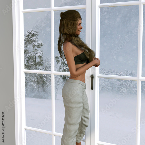 3d illustration of a smiling beautiful woman with dark hair wearing comfortable clothes looking out of a window at a winter snow scene.