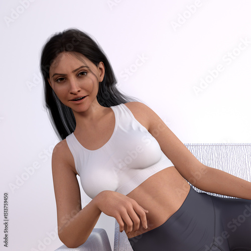 3d illustration of a woman leaning on the arm of a couch smiling in a cheerful mood.
