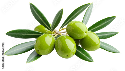 Green olives dangling from olive branch, silver green foliage surrounding ripe fruit, isolated on clean white backdrop