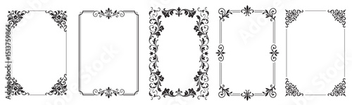 Elegant vintage floral frame set with ornate decorative corners and borders. Perfect for invitations, certificates, wedding designs, greeting cards, and retro luxury branding projects..eps
