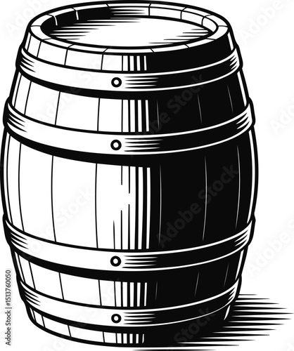 Vintage Wooden Barrel Silhouette Vector with Metal Bands, Transparent Background.