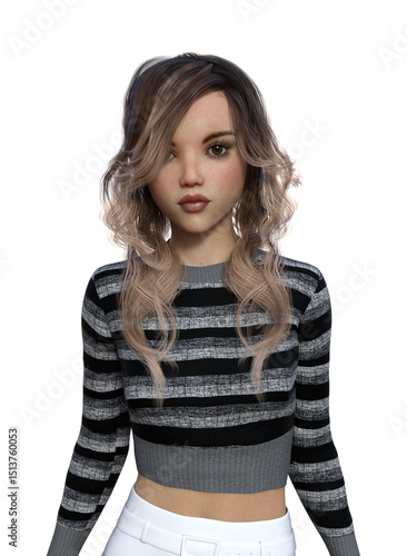 Illustration of a young woman with brown eyes and wavy hair wearing a striped sweater and white skirt looking forward on a white background.