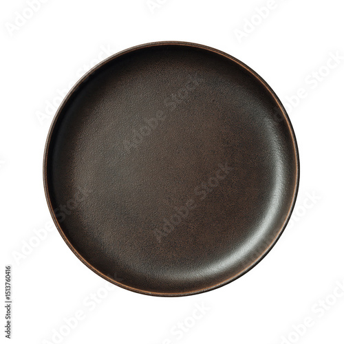 Dark brown ceramic plate with rim, top view isolated on transparent background