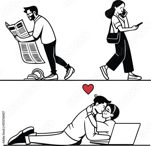 Man reading newspaper woman on phone couple embracing