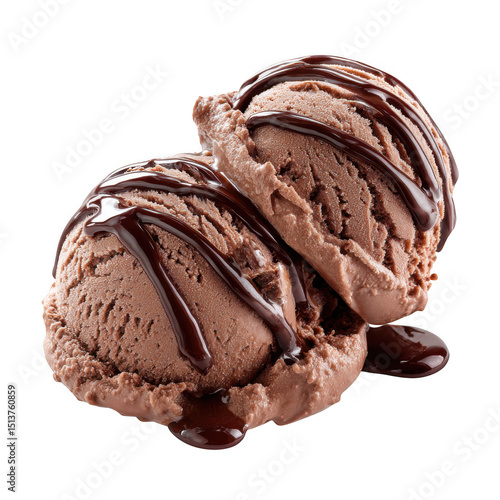 Two scoops of chocolate ice cream with fudge isolated on transparent background