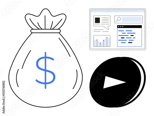 Money bag with dollar sign, analytics window with graph, text, and play button. Ideal for finance, technology, marketing, strategy, investment growth simple landing page