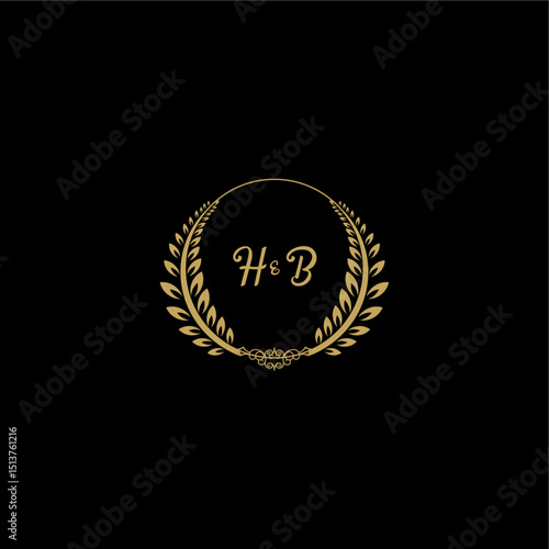 HB beautiful, feminine and elegant wedding monogram initial logo with circle floral gold
