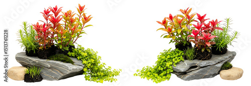 Vibrant Aquatic Plants in Rock Arrangement Aquarium Decor Botanical Garden Transparent 