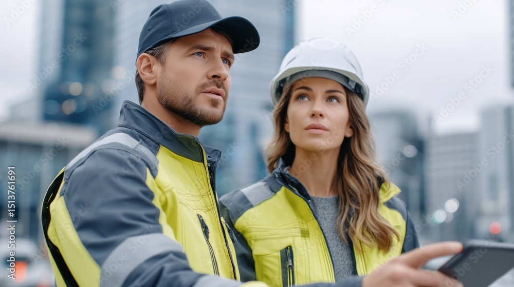 Two woman and man engineers wearing safety vest and hardhat are inspecting a building site using a tablet in the city center Two woman and man engineers wearing safety vest and hardhat are inspecting a building site using a tablet in the city center