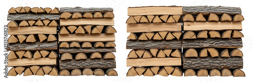 Stacked firewood pattern showcasing neatly arranged logs ready for winter warmth and coy ambience. Transparent 