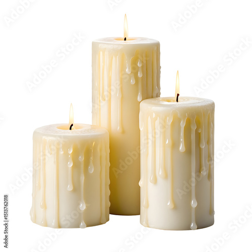 Melting wax candles isolated on a transparent background