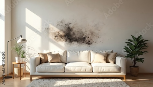 Living room interior shows mold damage on wall. White couch with pillows against dampness, moisture stains, renovation needed. Home repair restoration. Fungal issue affects design.